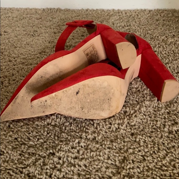 Red Ankle Strap Chunky Heels - Picture 4 of 4